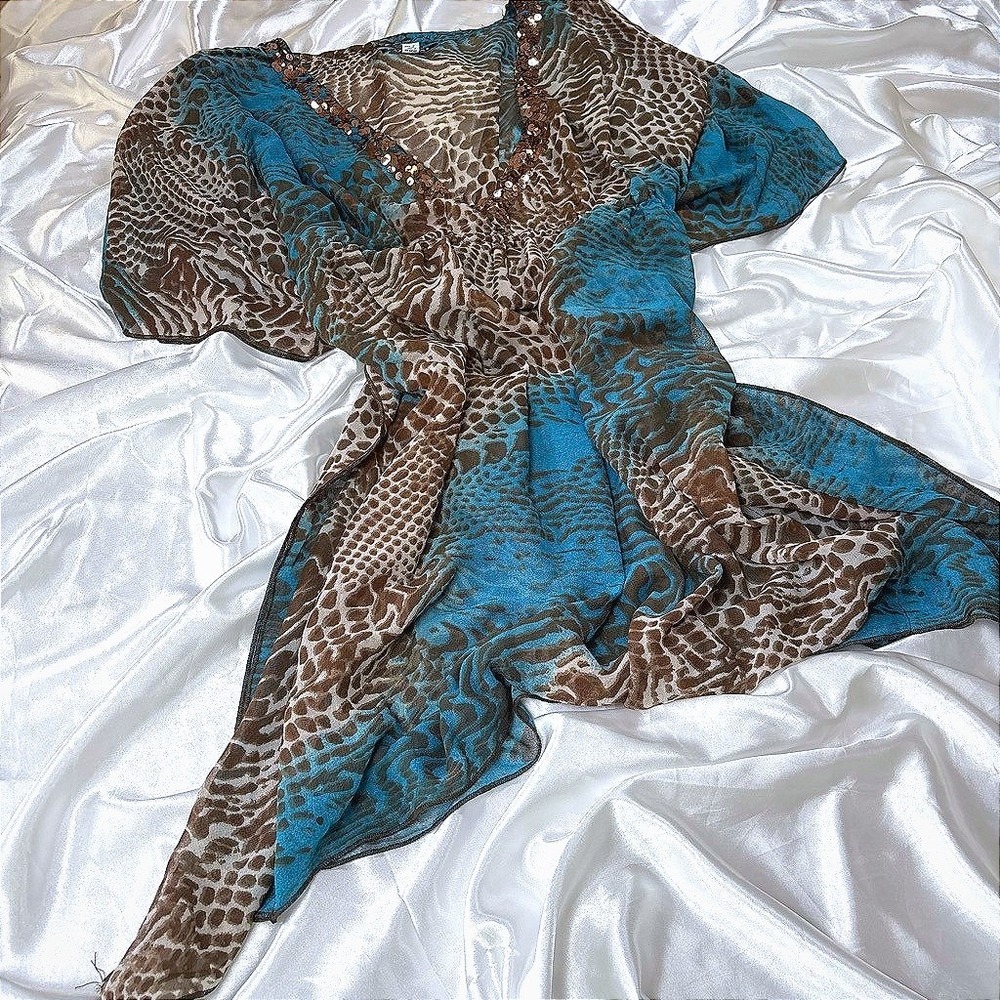 y2k Dimri Animal Print Tunic Blue Sequin V-Neck Kaftan Top S